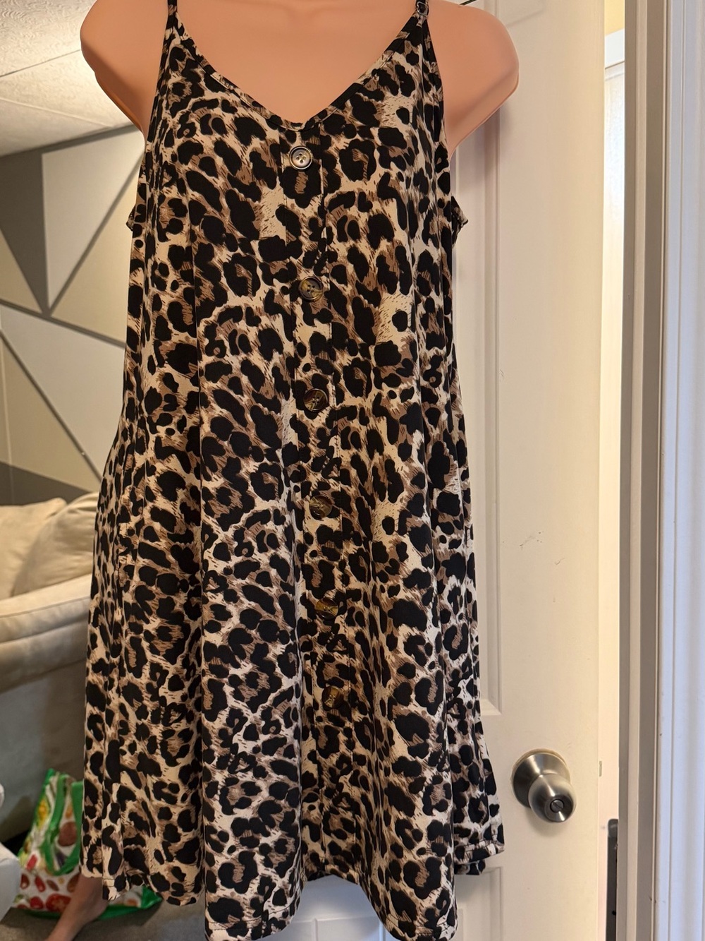 Leopard Print Midi Slip Dress - Beige/Black